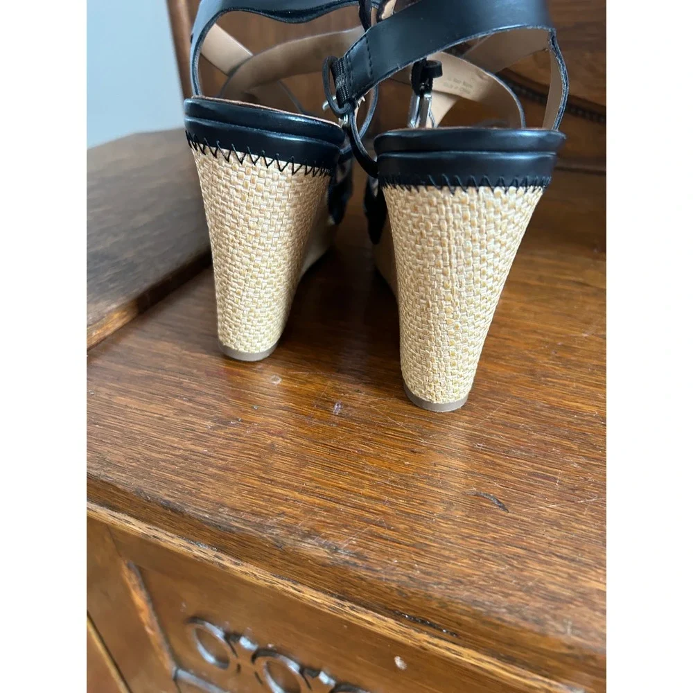 Franco Sarto Black Leather Strappy Raffia Wedge Sandals Ankle Strap Buckle